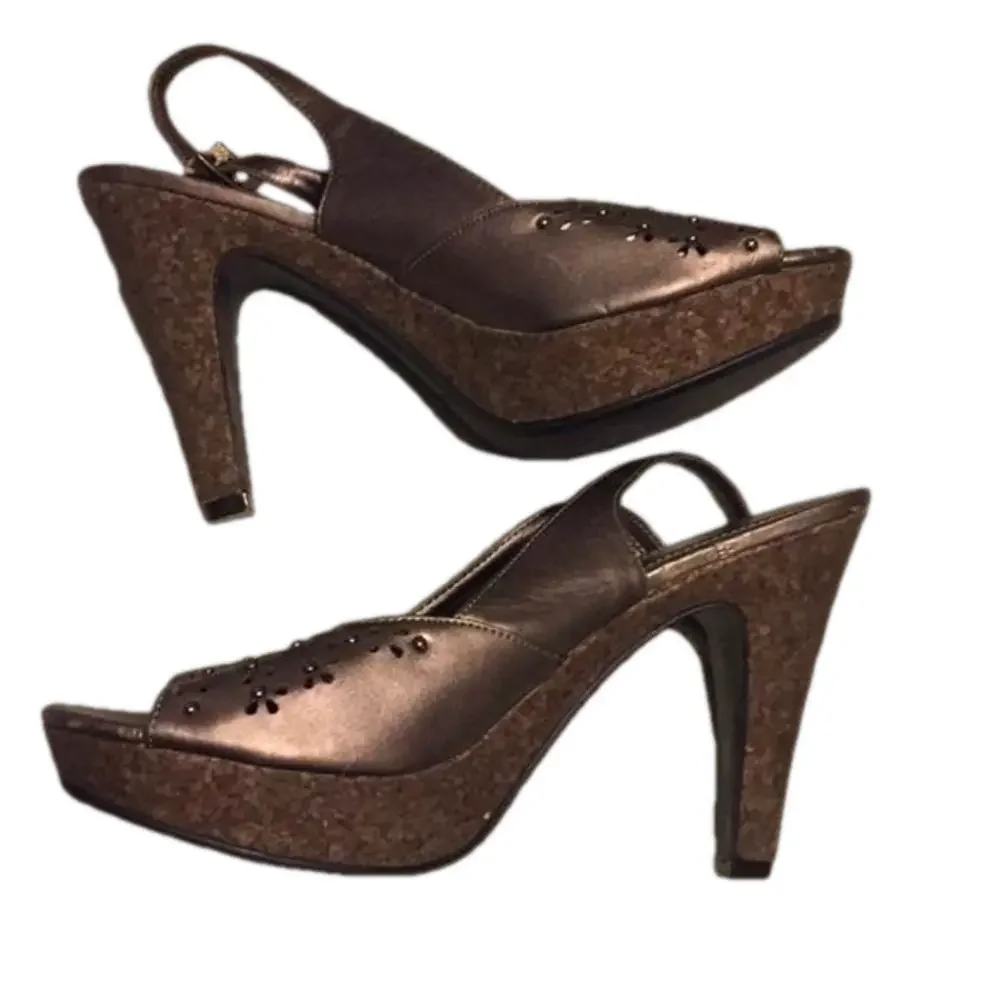Y2K Metallic bronze open toe chunky platform/heal slingback whimsigoth size 10